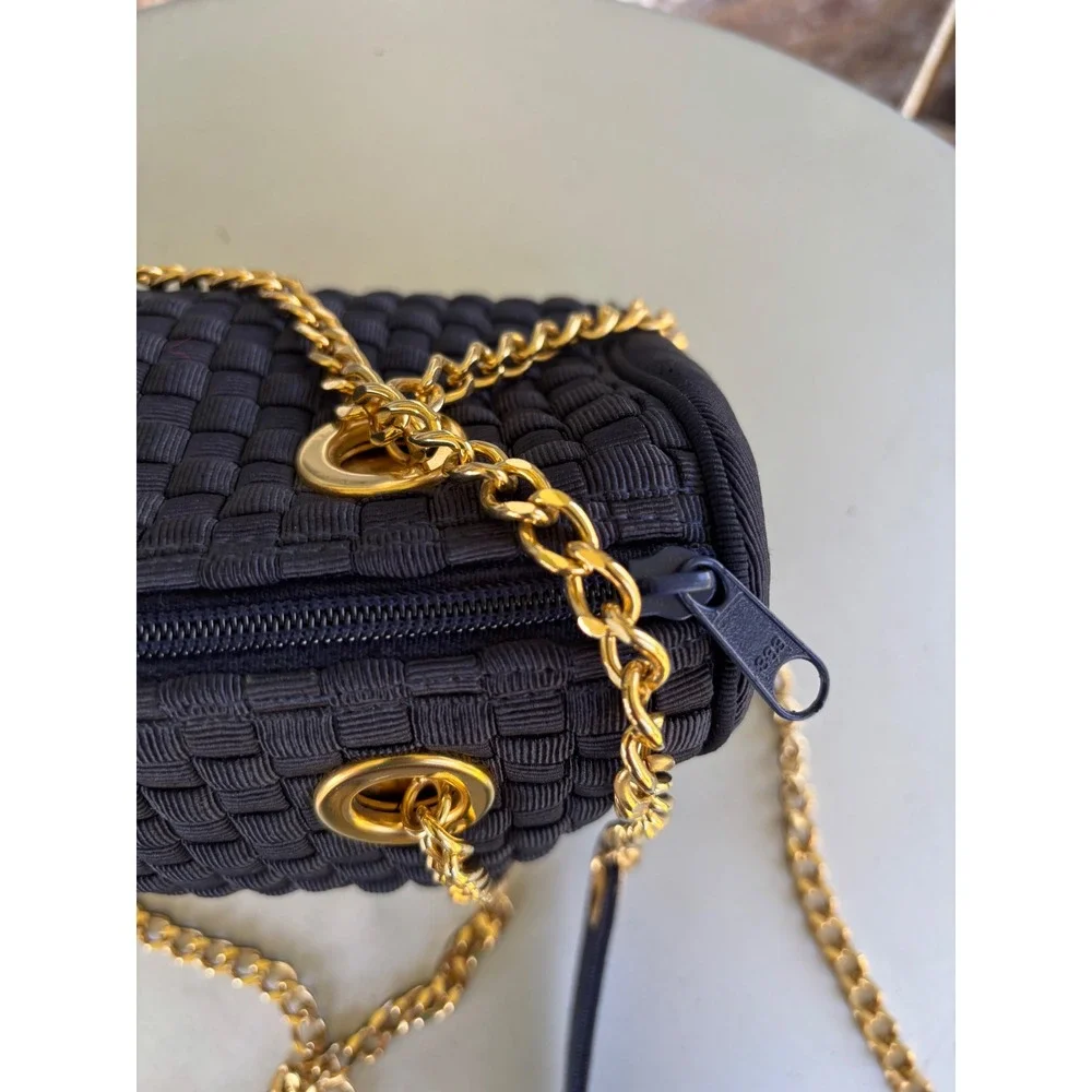 Inge Christopher Navy Blue Woven Ribbon Shoulder Bag Gold Chain Strap